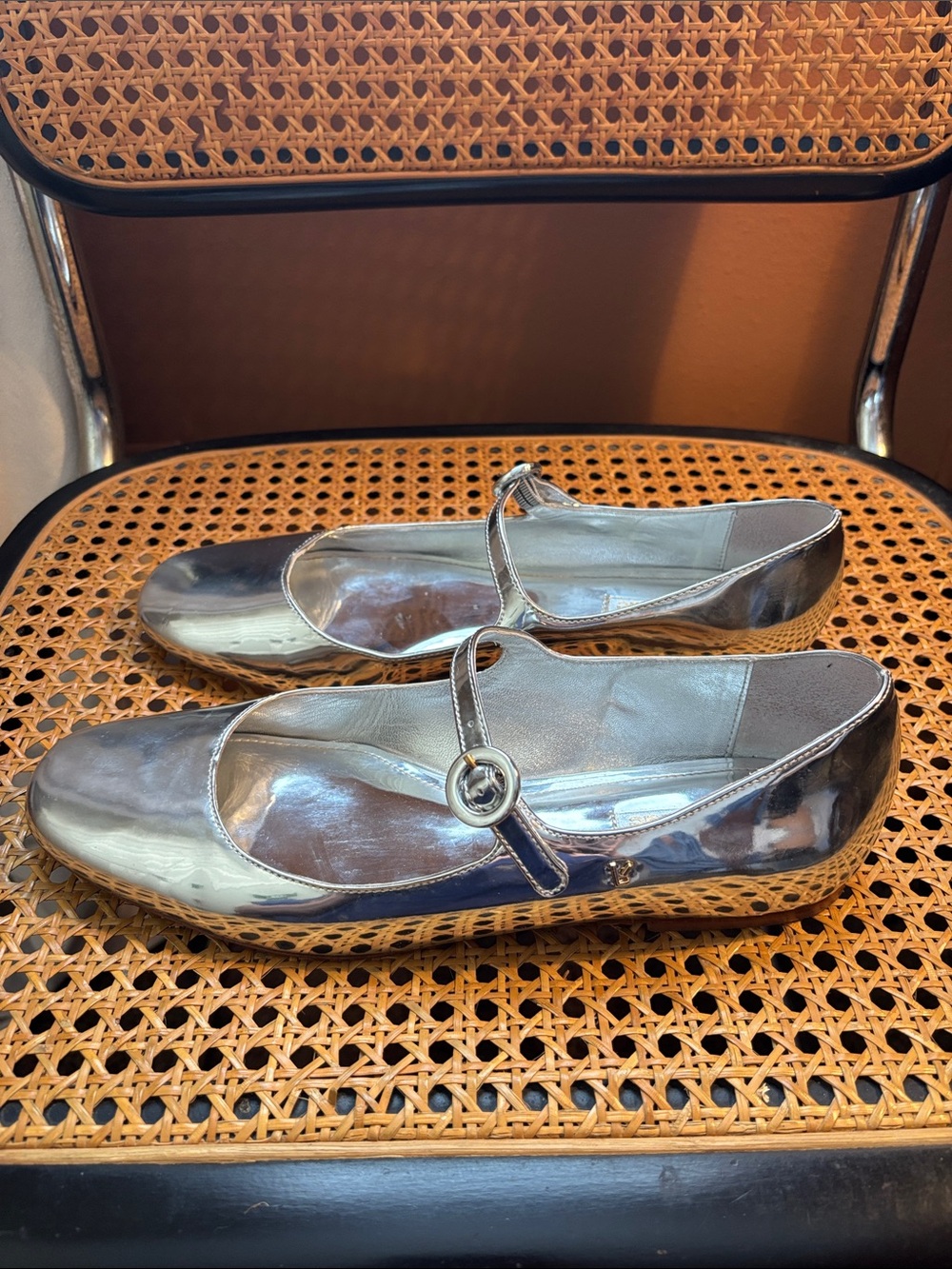 Larroude Metallic Silver Mary Jane Flats - Picture 2 of 6